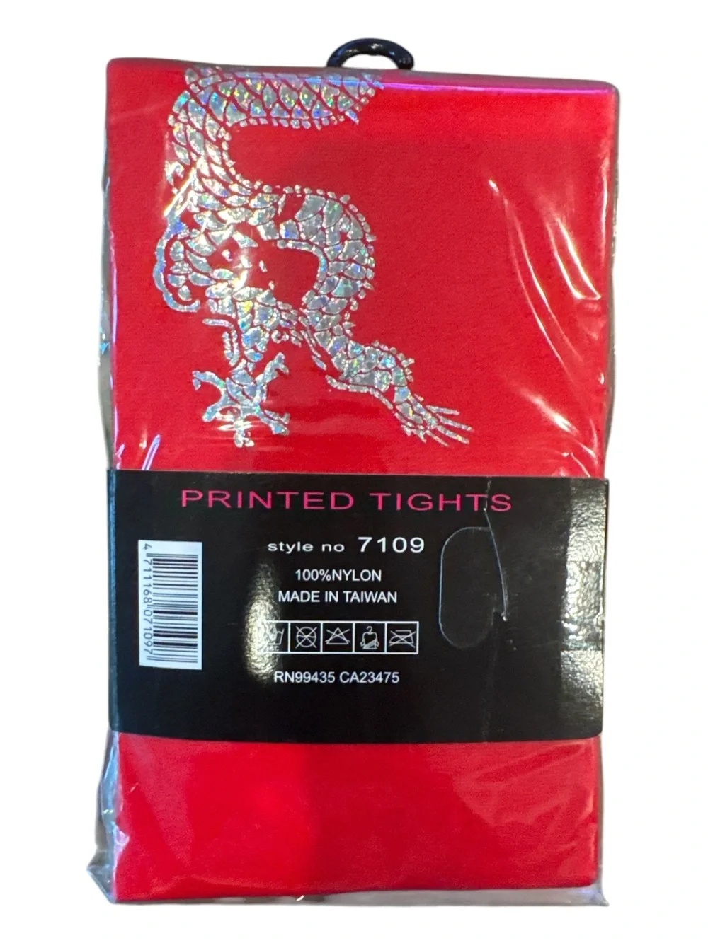 Music Legs Laser Dragon Red Tights Silver Foil Print One Size NIP